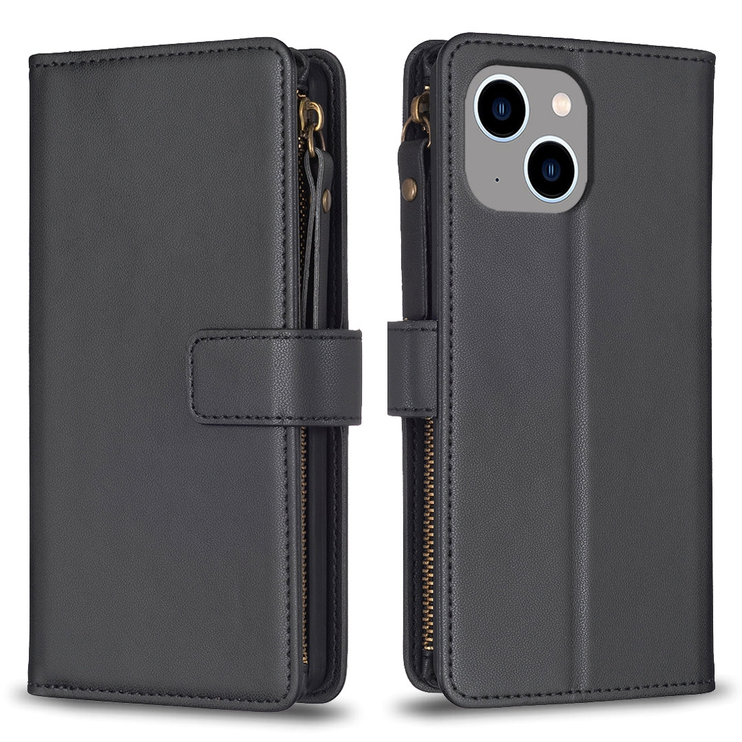 iPhone 13 Leather Flip Phone Case with Zipper Wallet and 9 Card Slots, Durable PU + TPU Material