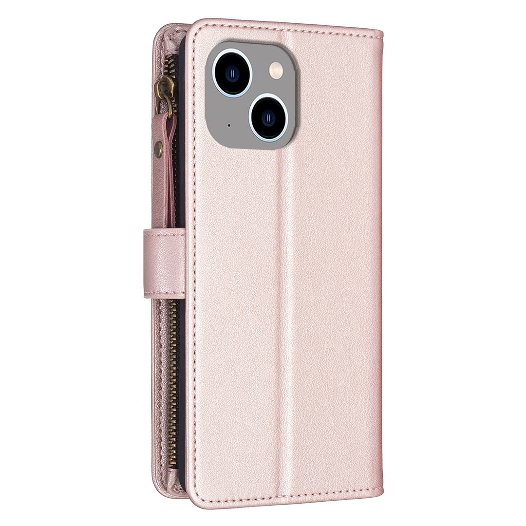 iPhone 13 Leather Flip Phone Case with Zipper Wallet and 9 Card Slots, Durable PU + TPU Material