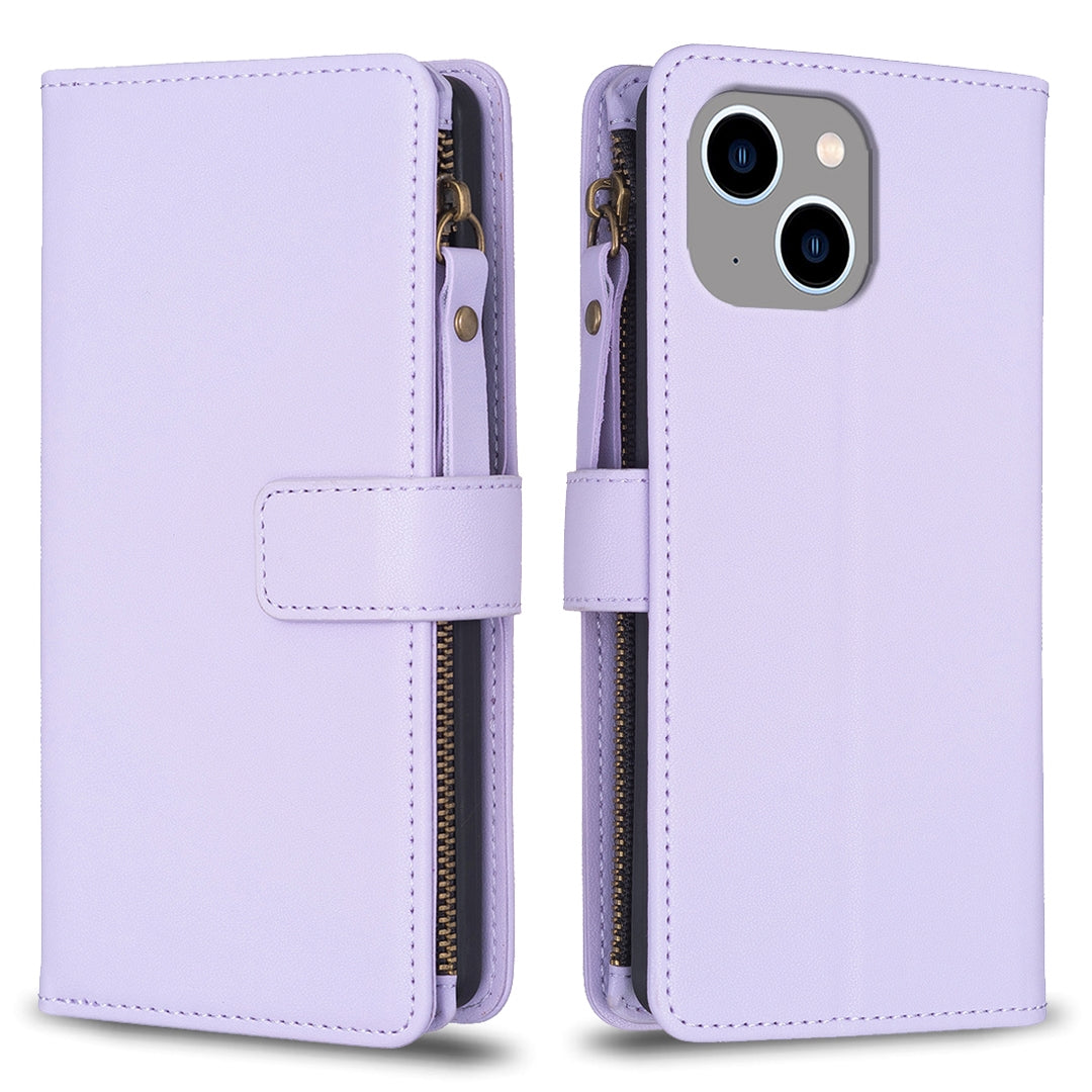 iPhone 13 Leather Flip Phone Case with Zipper Wallet and 9 Card Slots, Durable PU + TPU Material