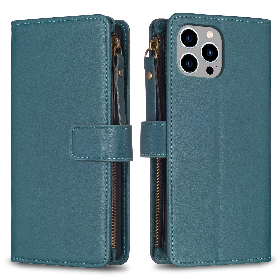 iPhone 13 Pro Max Leather Flip Phone Case with Zipper Wallet and 9 Card Slots, Durable PU + TPU Material