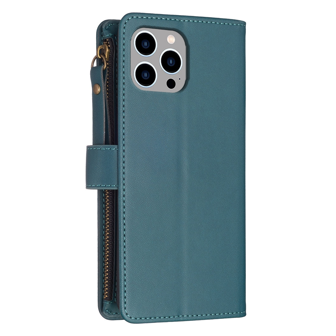 iPhone 13 Pro Max Leather Flip Phone Case with Zipper Wallet and 9 Card Slots, Durable PU + TPU Material