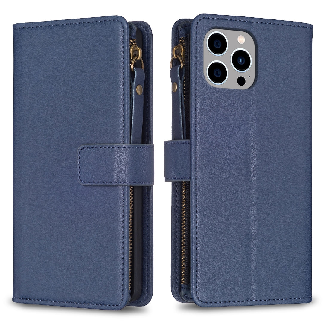 iPhone 13 Pro Max Leather Flip Phone Case with Zipper Wallet and 9 Card Slots, Durable PU + TPU Material