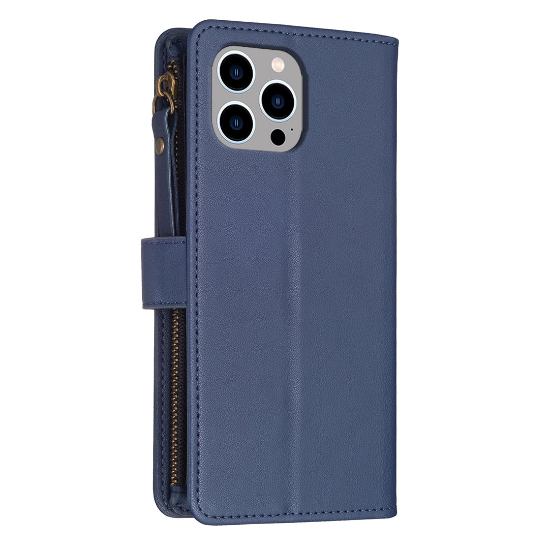 iPhone 13 Pro Max Leather Flip Phone Case with Zipper Wallet and 9 Card Slots, Durable PU + TPU Material