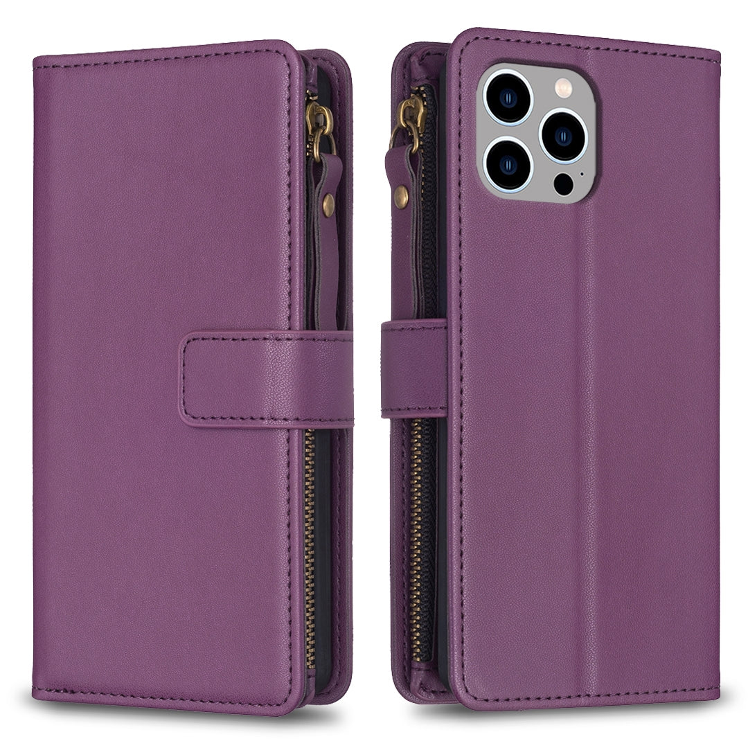 iPhone 13 Pro Max Leather Flip Phone Case with Zipper Wallet and 9 Card Slots, Durable PU + TPU Material