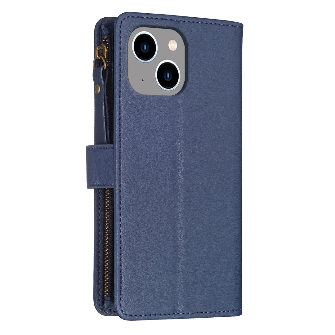 iPhone 14 Plus Leather Flip Phone Case with Zipper Wallet and 9 Card Slots, Durable PU + TPU Material