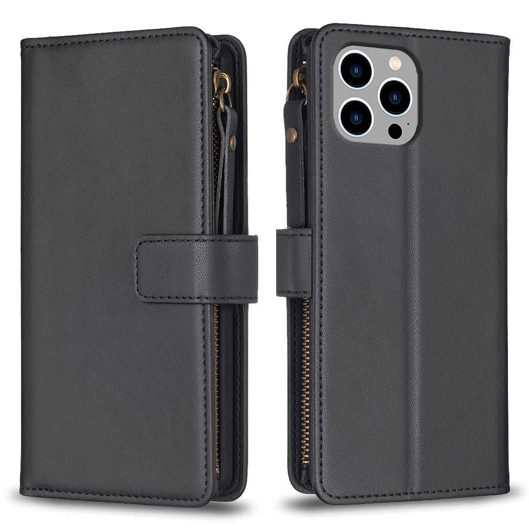 iPhone 14 Pro Leather Flip Phone Case with Zipper Wallet and 9 Card Slots, Durable PU + TPU Material