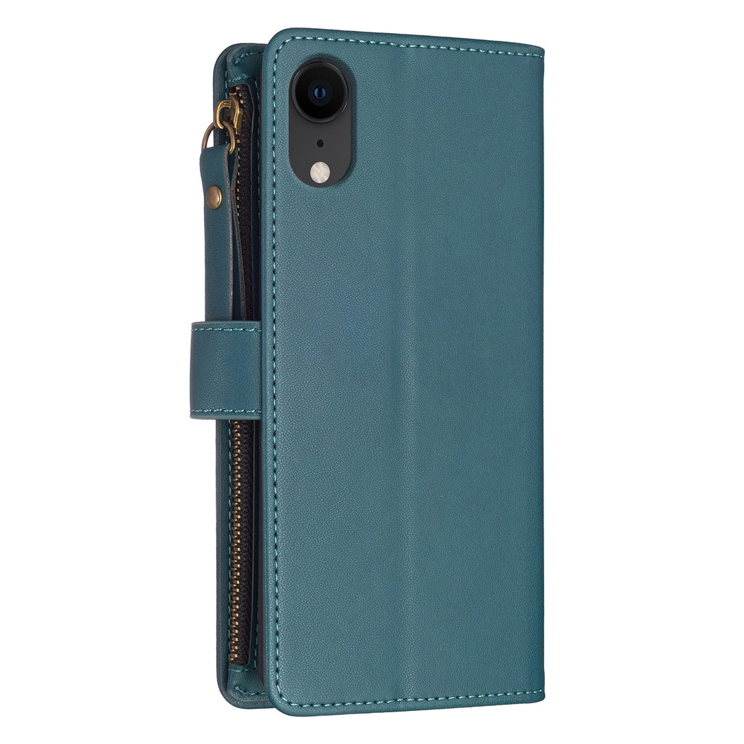 iPhone XR Leather Flip Phone Case with Zipper Wallet and 9 Card Slots, Durable PU + TPU Material