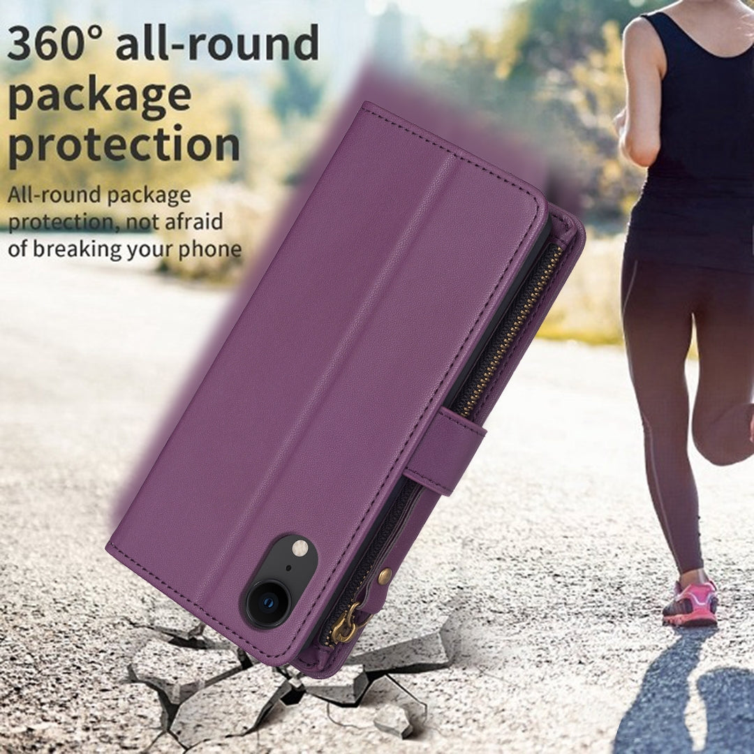iPhone XR Leather Flip Phone Case with Zipper Wallet and 9 Card Slots, Durable PU + TPU Material