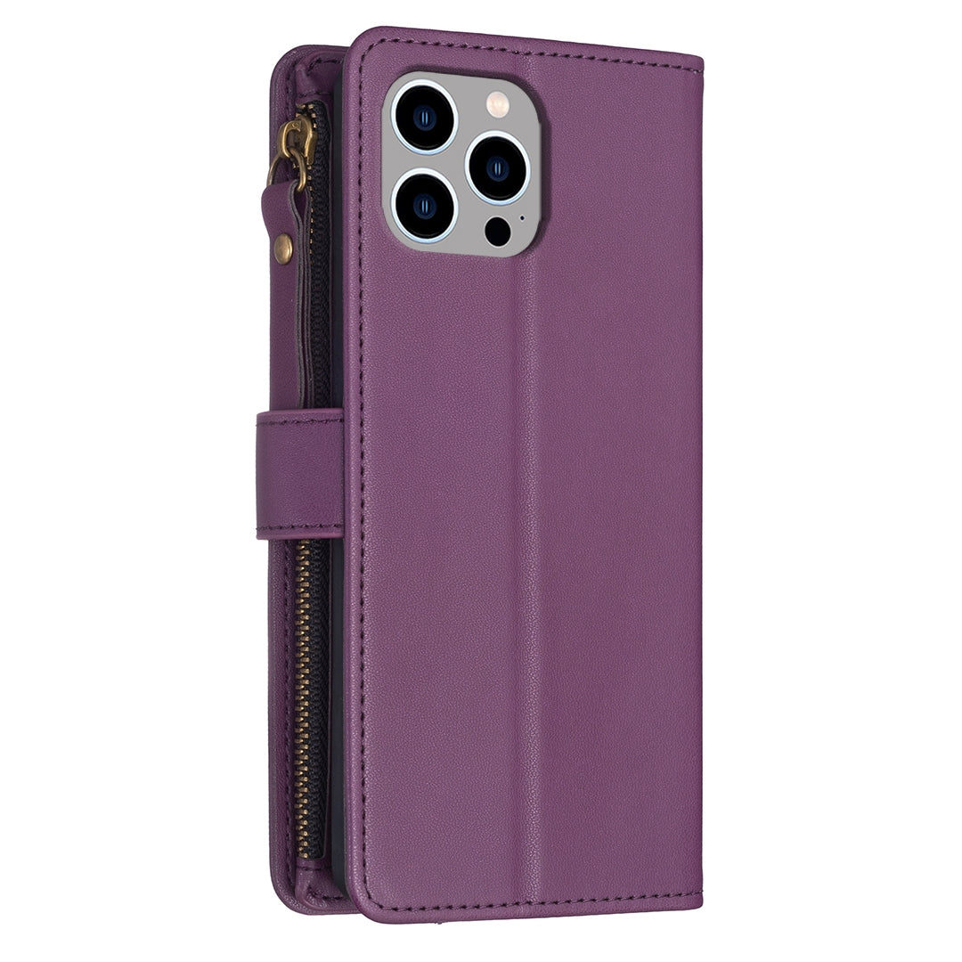 iPhone 12 Pro Leather Flip Phone Case with Zipper Wallet and 9 Card Slots, Durable PU + TPU Material