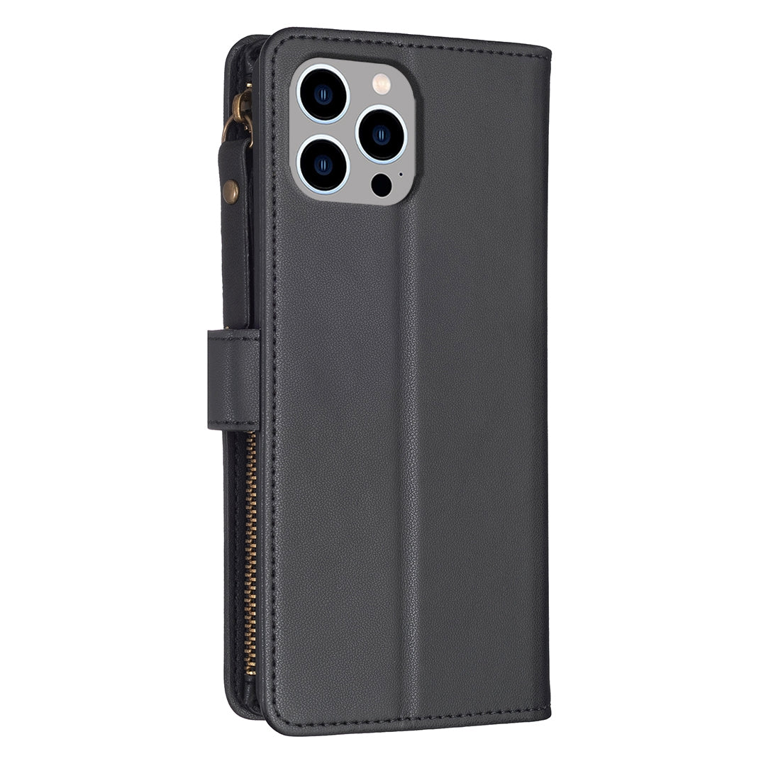 iPhone 12 Pro Leather Flip Phone Case with Zipper Wallet and 9 Card Slots, Durable PU + TPU Material