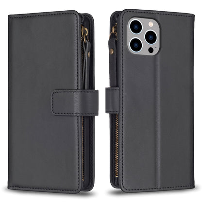 iPhone 12 Pro Leather Flip Phone Case with Zipper Wallet and 9 Card Slots, Durable PU + TPU Material
