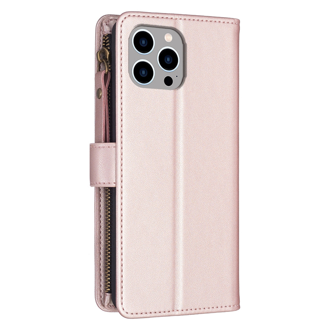 iPhone 12 Pro Leather Flip Phone Case with Zipper Wallet and 9 Card Slots, Durable PU + TPU Material