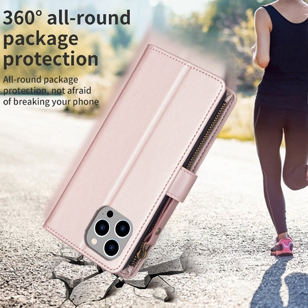 iPhone 12 Pro Leather Flip Phone Case with Zipper Wallet and 9 Card Slots, Durable PU + TPU Material