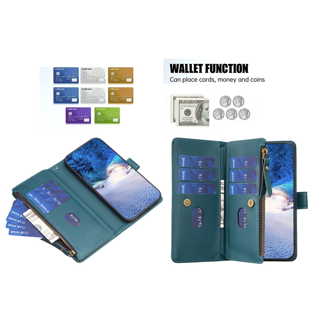 iPhone 15 Pro Max Leather Flip Phone Case with Zipper Wallet and 9 Card Slots, Durable PU + TPU Material