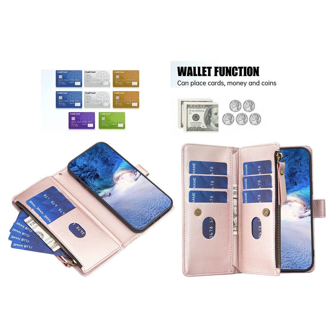 iPhone 15 Pro Max Leather Flip Phone Case with Zipper Wallet and 9 Card Slots, Durable PU + TPU Material