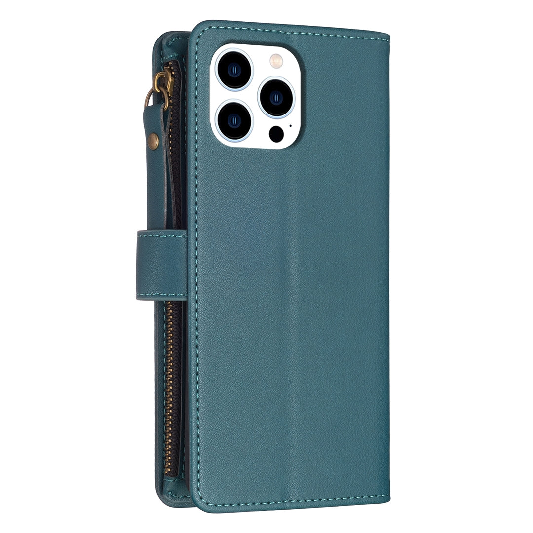 iPhone 15 Pro Leather Flip Phone Case with Zipper Wallet and 9 Card Slots, Durable PU + TPU Material