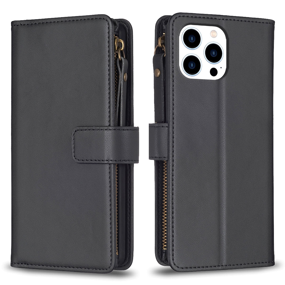 iPhone 15 Pro Leather Flip Phone Case with Zipper Wallet and 9 Card Slots, Durable PU + TPU Material