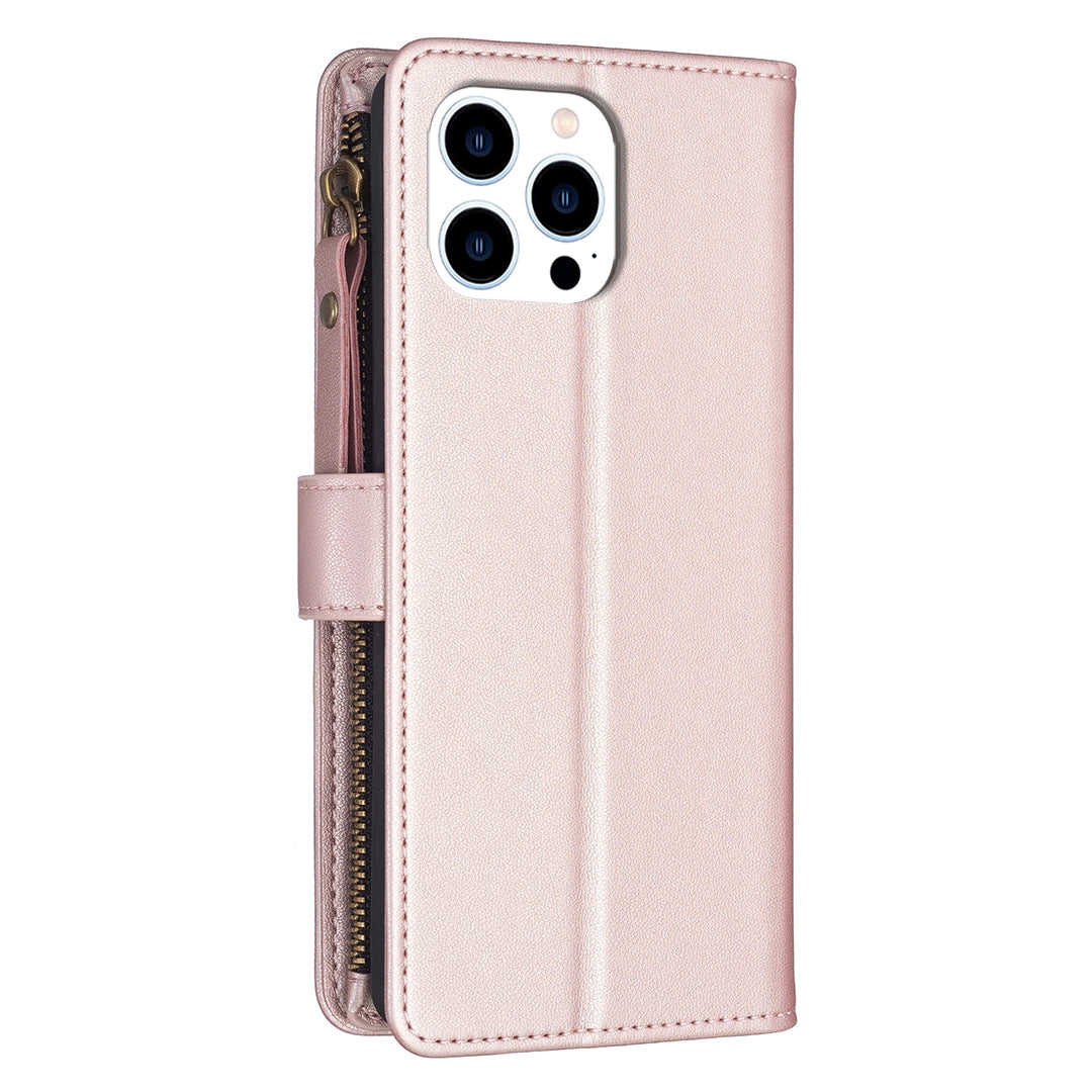 iPhone 15 Pro Leather Flip Phone Case with Zipper Wallet and 9 Card Slots, Durable PU + TPU Material