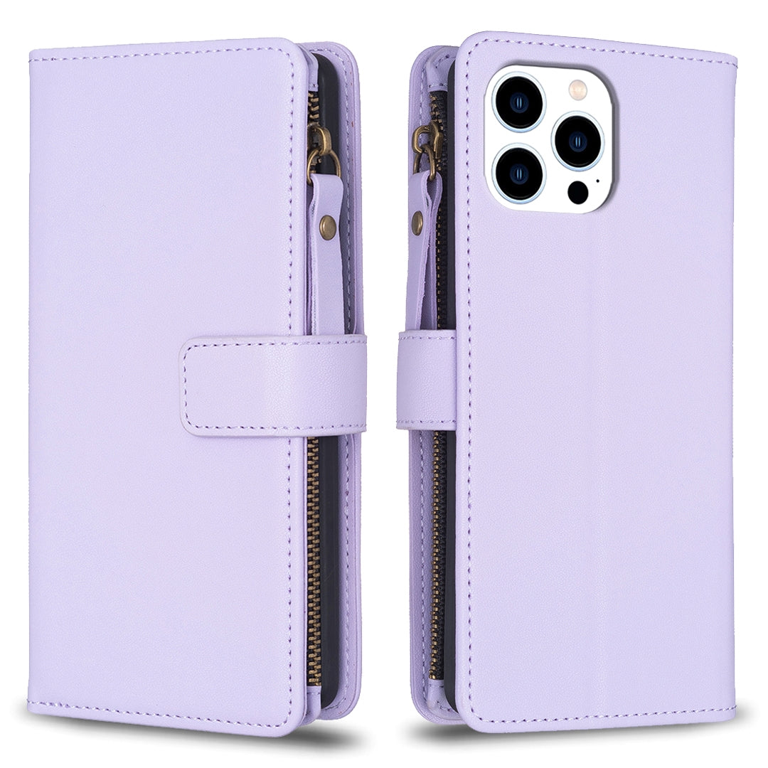 iPhone 15 Pro Leather Flip Phone Case with Zipper Wallet and 9 Card Slots, Durable PU + TPU Material