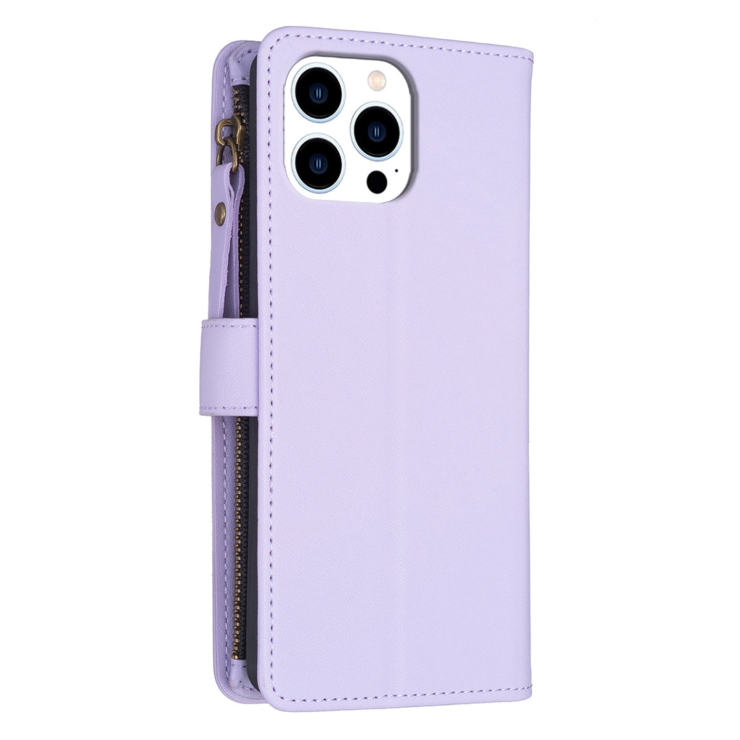 iPhone 15 Pro Leather Flip Phone Case with Zipper Wallet and 9 Card Slots, Durable PU + TPU Material