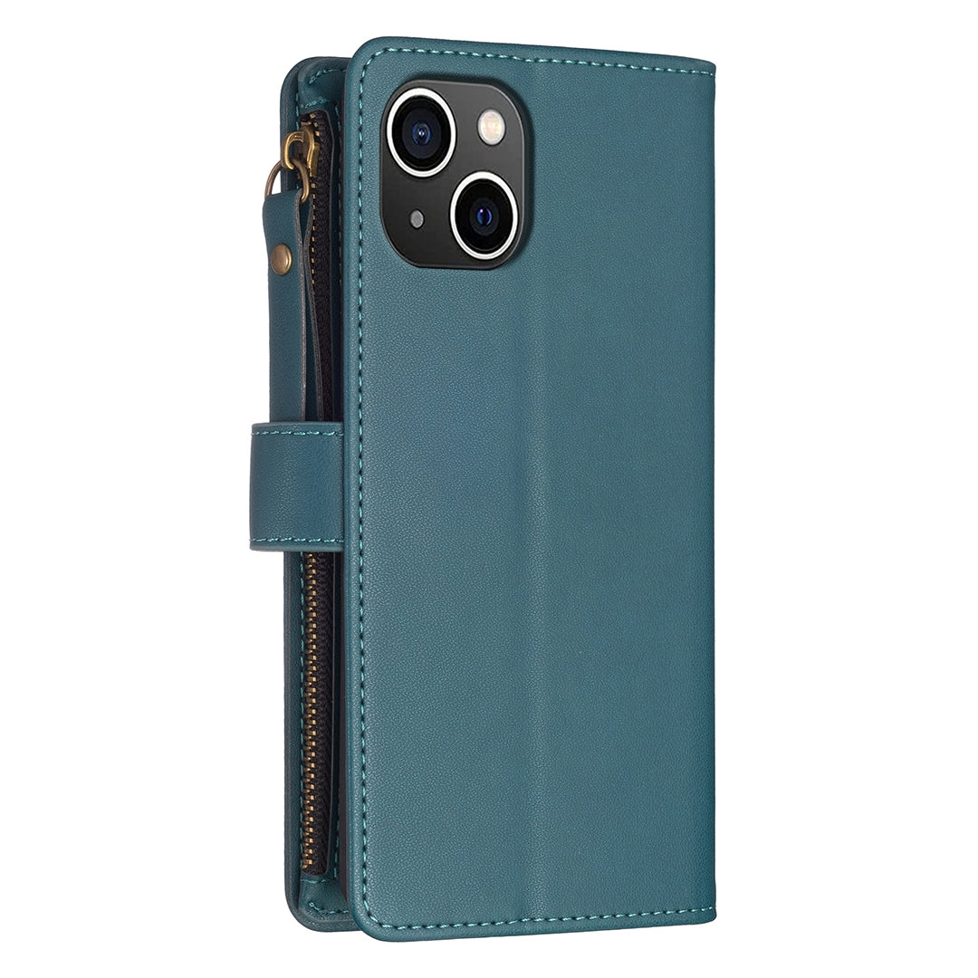 iPhone 15 Leather Flip Phone Case with Zipper Wallet and 9 Card Slots, Durable PU + TPU Material