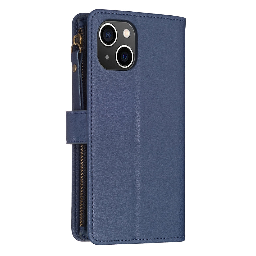 iPhone 15 Leather Flip Phone Case with Zipper Wallet and 9 Card Slots, Durable PU + TPU Material