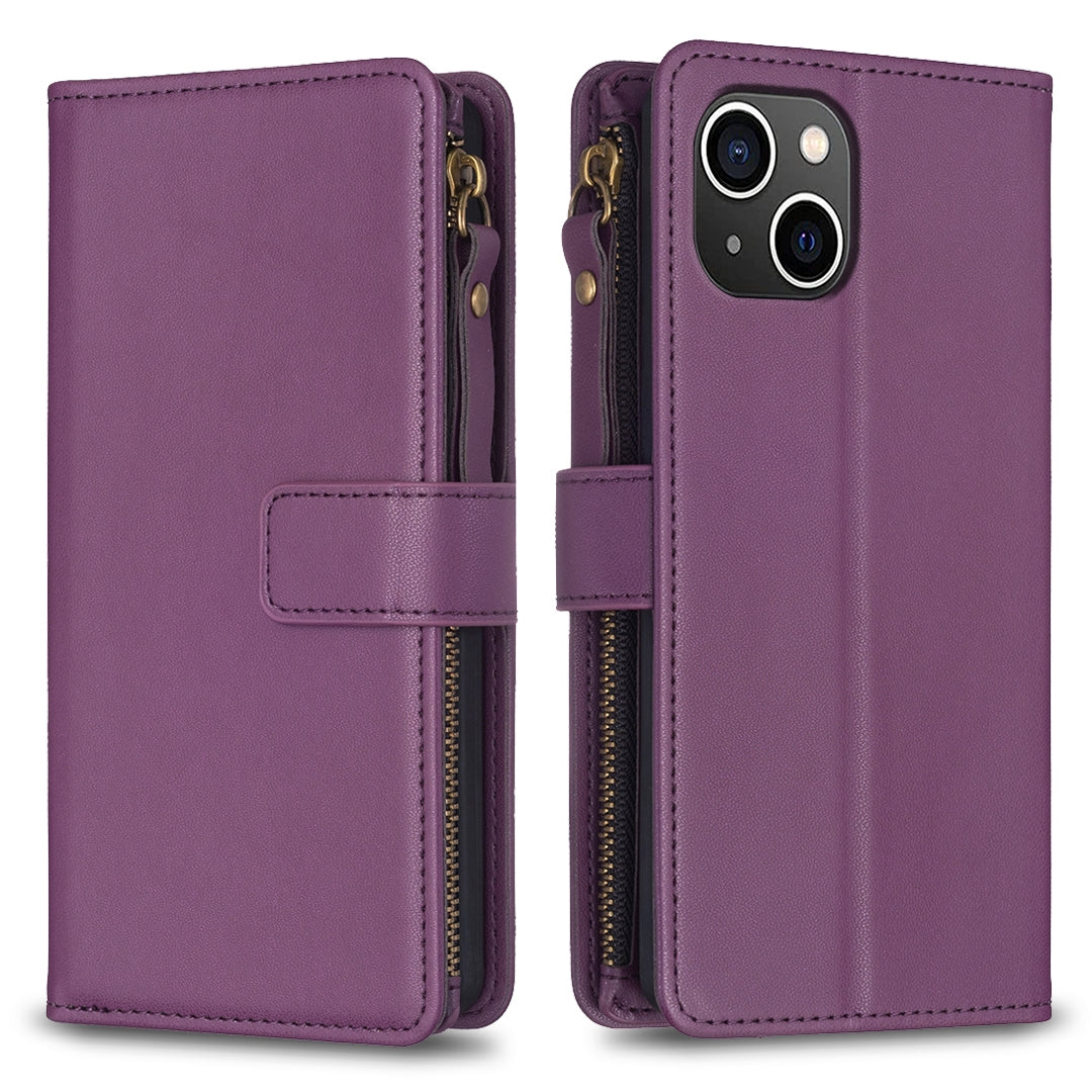 iPhone 15 Leather Flip Phone Case with Zipper Wallet and 9 Card Slots, Durable PU + TPU Material