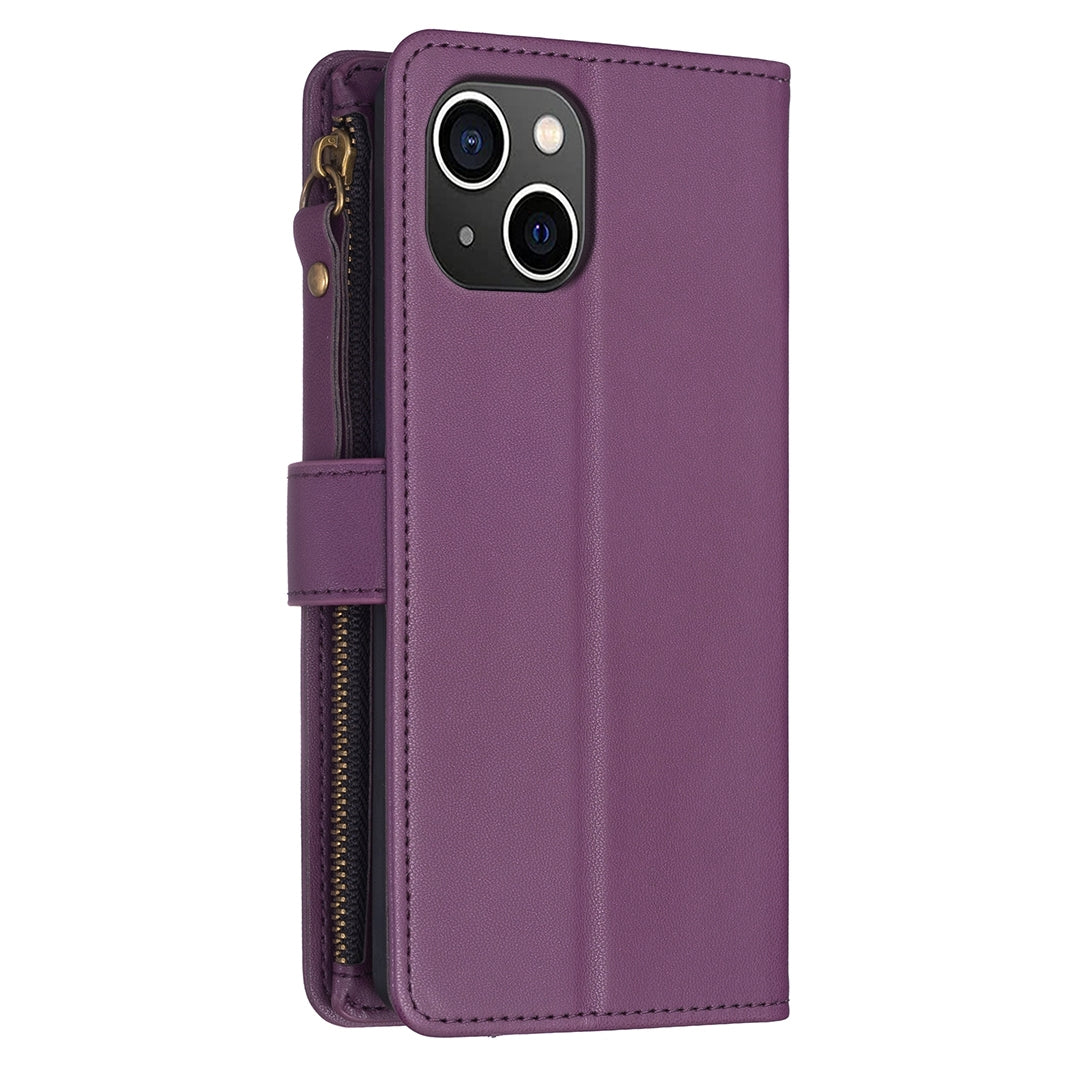 iPhone 15 Leather Flip Phone Case with Zipper Wallet and 9 Card Slots, Durable PU + TPU Material