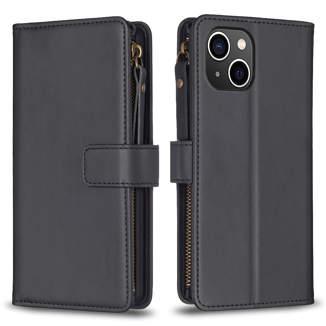 iPhone 15 Leather Flip Phone Case with Zipper Wallet and 9 Card Slots, Durable PU + TPU Material