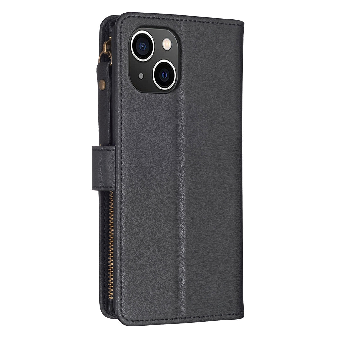 iPhone 15 Leather Flip Phone Case with Zipper Wallet and 9 Card Slots, Durable PU + TPU Material