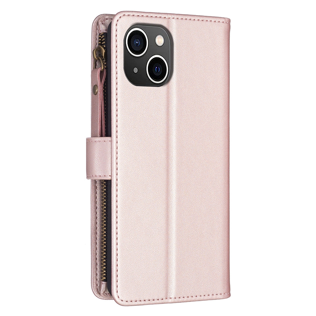 iPhone 15 Leather Flip Phone Case with Zipper Wallet and 9 Card Slots, Durable PU + TPU Material