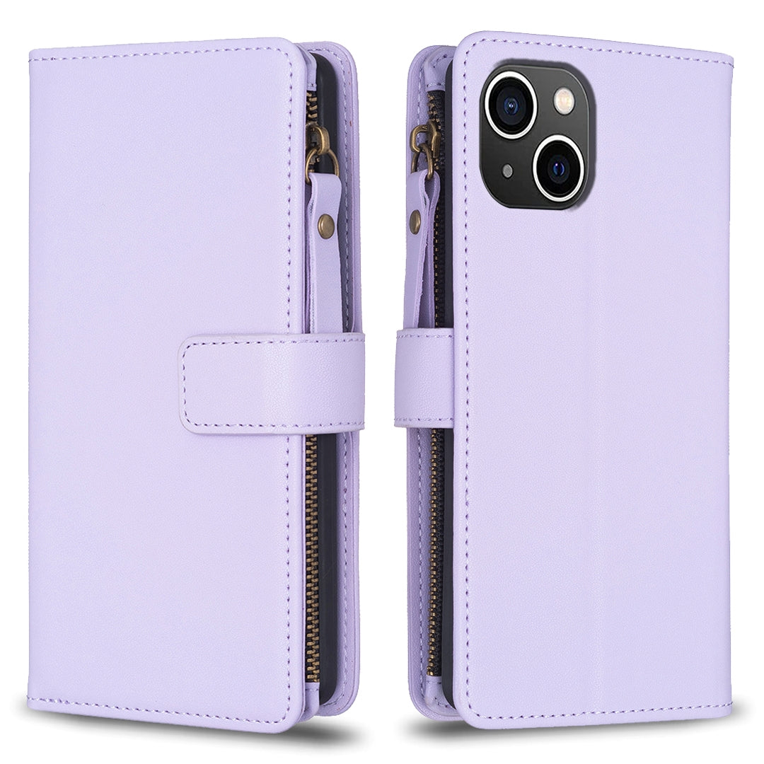 iPhone 15 Leather Flip Phone Case with Zipper Wallet and 9 Card Slots, Durable PU + TPU Material