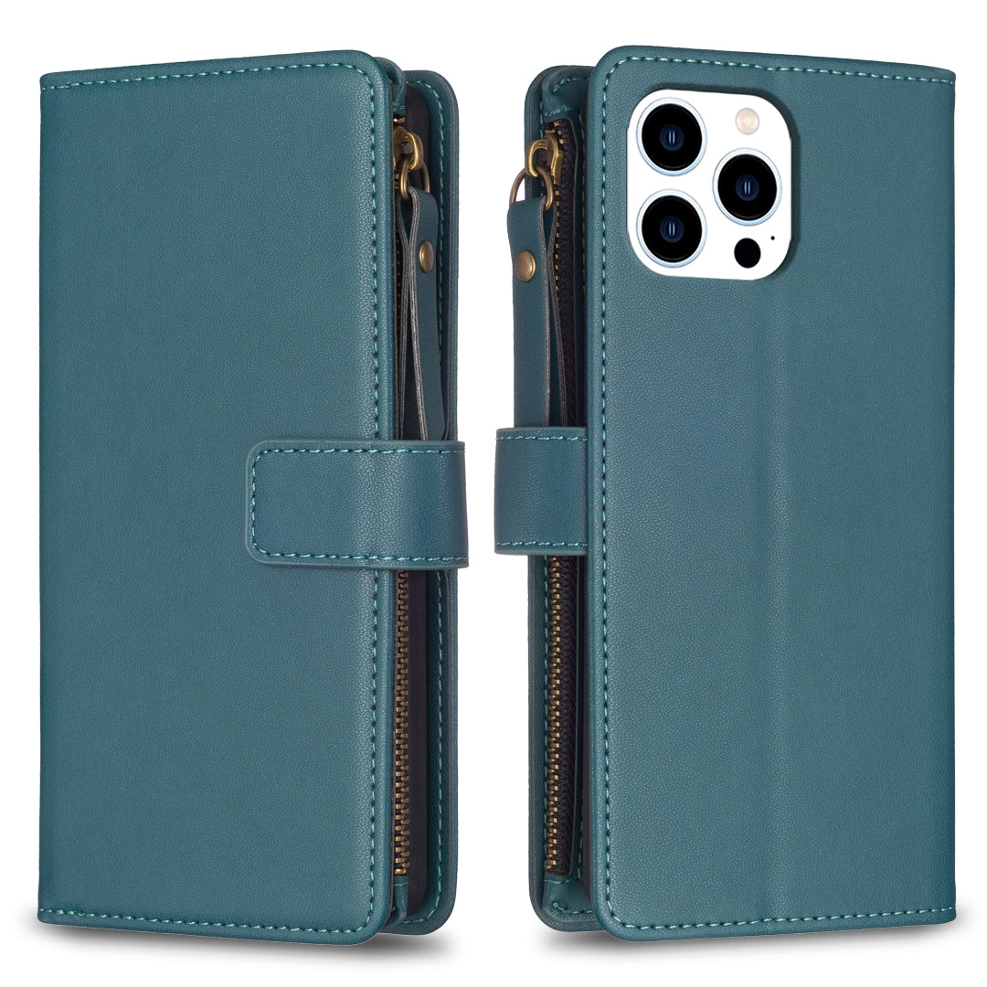 iPhone 16 Pro Max Leather Flip Phone Case with Zipper Wallet and 9 Card Slots, Durable PU + TPU Material