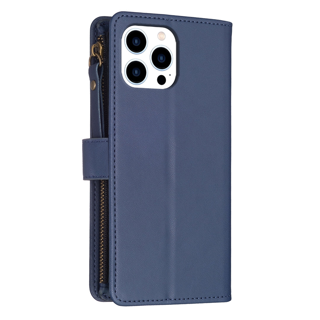 iPhone 16 Pro Leather Flip Phone Case with Zipper Wallet and 9 Card Slots, Durable PU + TPU Material