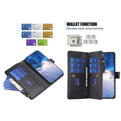 iPhone 16 Pro Leather Flip Phone Case with Zipper Wallet and 9 Card Slots, Durable PU + TPU Material