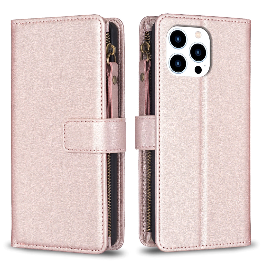 iPhone 16 Pro Leather Flip Phone Case with Zipper Wallet and 9 Card Slots, Durable PU + TPU Material