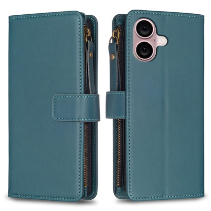 iPhone 16 Plus Leather Flip Phone Case with Zipper Wallet and 9 Card Slots, Durable PU + TPU Material