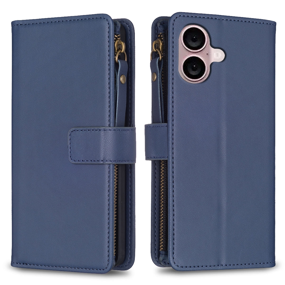 iPhone 16 Plus Leather Flip Phone Case with Zipper Wallet and 9 Card Slots, Durable PU + TPU Material