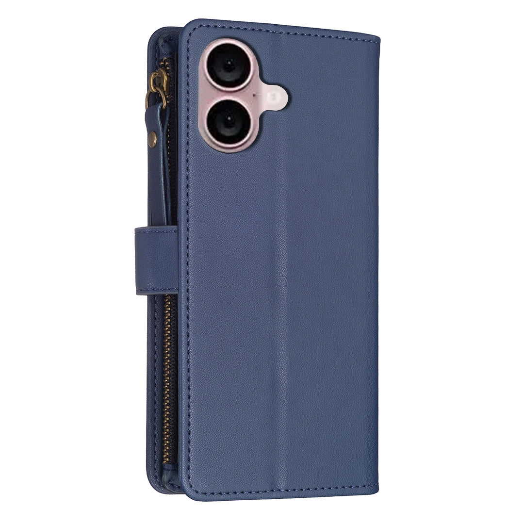 iPhone 16 Plus Leather Flip Phone Case with Zipper Wallet and 9 Card Slots, Durable PU + TPU Material