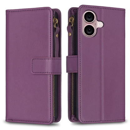 iPhone 16 Plus Leather Flip Phone Case with Zipper Wallet and 9 Card Slots, Durable PU + TPU Material