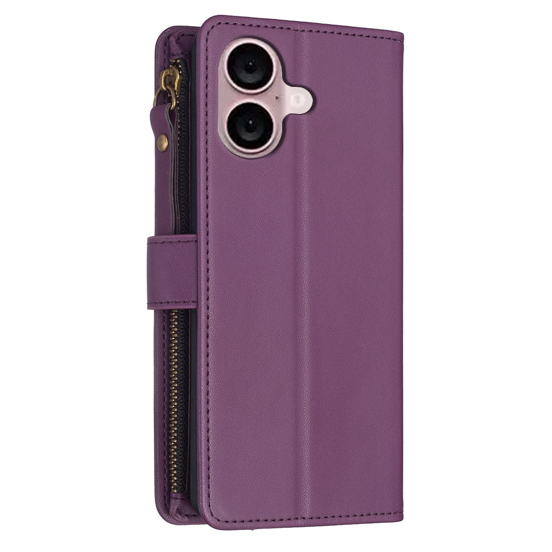 iPhone 16 Plus Leather Flip Phone Case with Zipper Wallet and 9 Card Slots, Durable PU + TPU Material