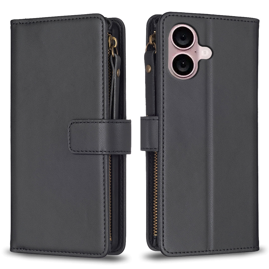 iPhone 16 Plus Leather Flip Phone Case with Zipper Wallet and 9 Card Slots, Durable PU + TPU Material