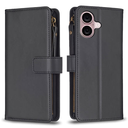 iPhone 16 Plus Leather Flip Phone Case with Zipper Wallet and 9 Card Slots, Durable PU + TPU Material