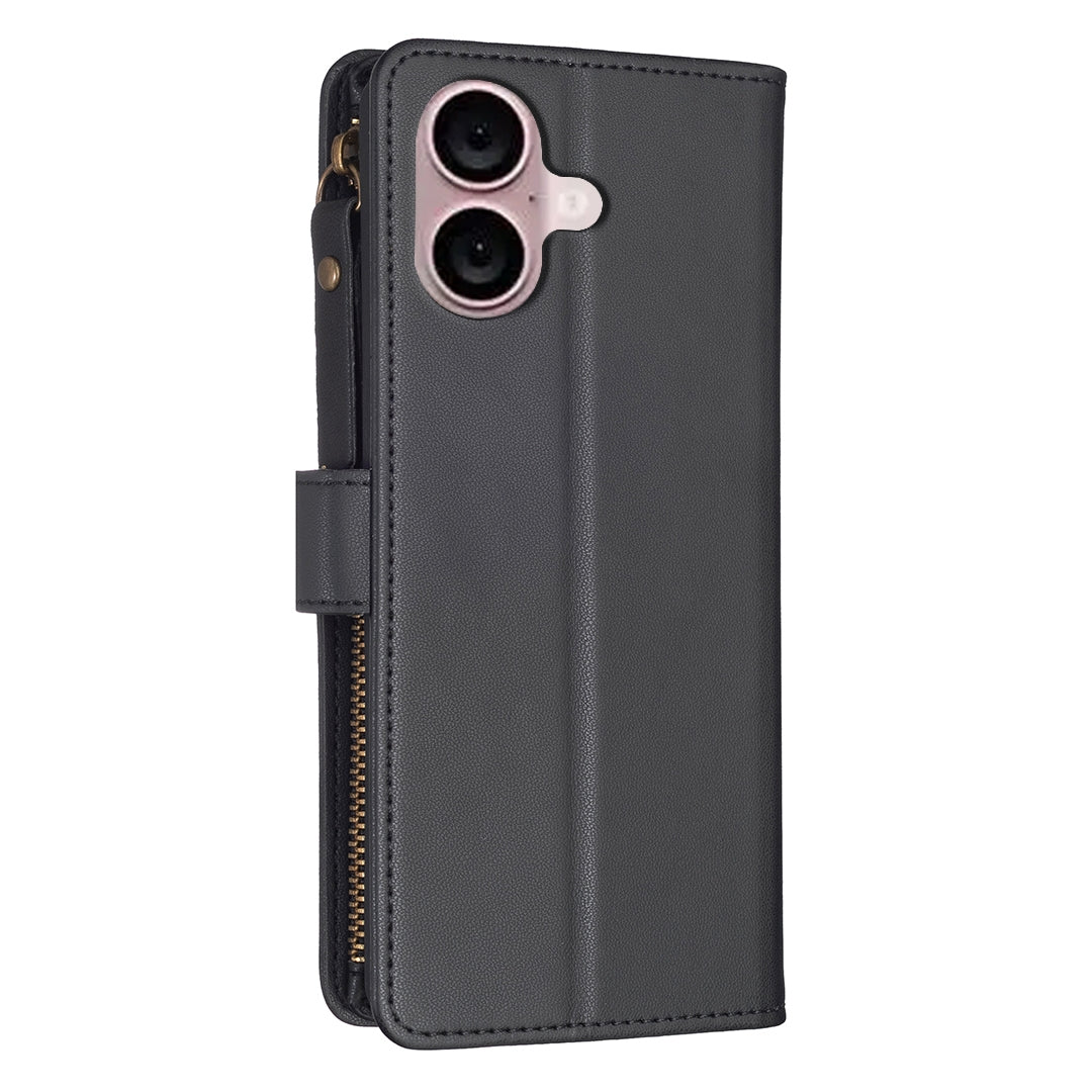 iPhone 16 Plus Leather Flip Phone Case with Zipper Wallet and 9 Card Slots, Durable PU + TPU Material