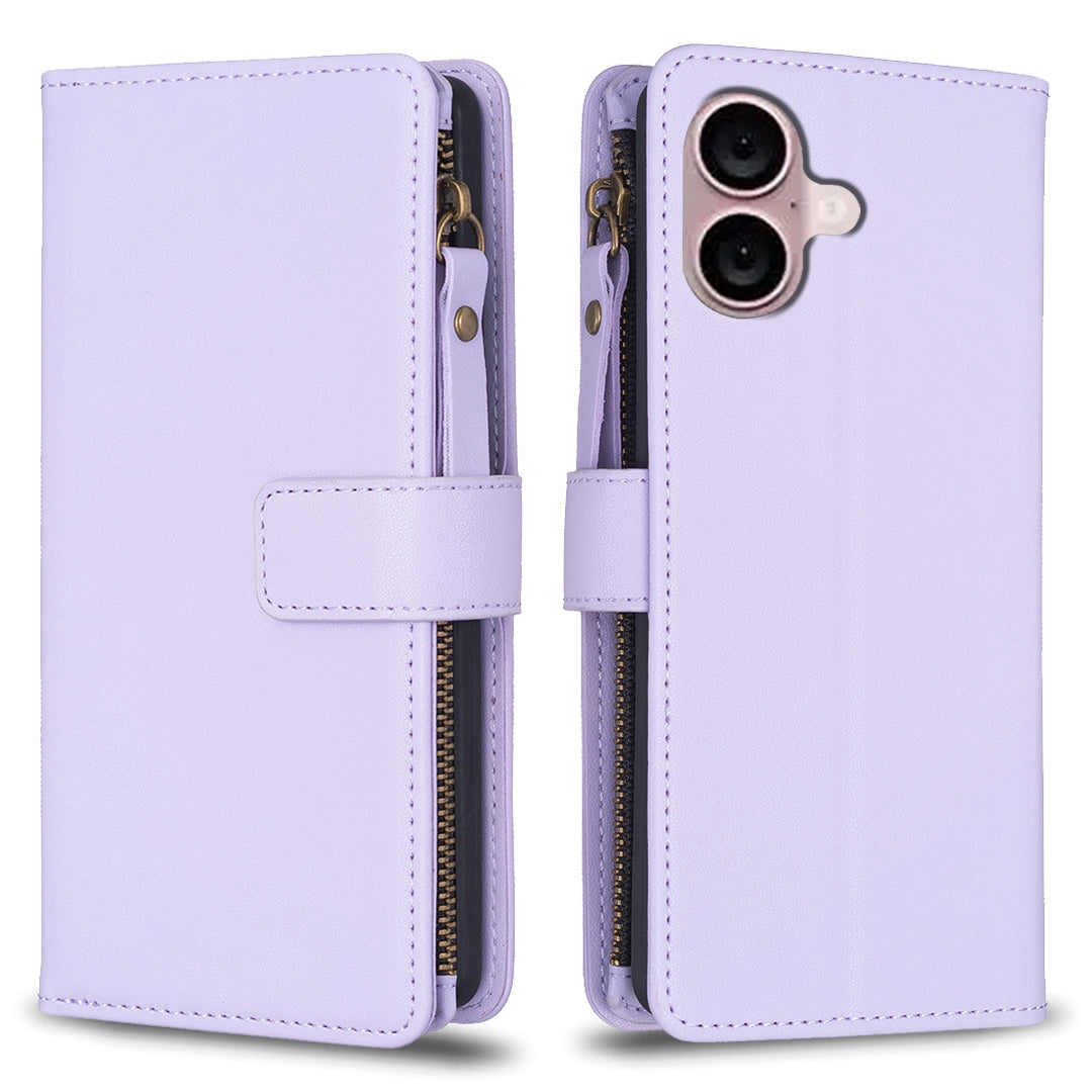 iPhone 16 Plus Leather Flip Phone Case with Zipper Wallet and 9 Card Slots, Durable PU + TPU Material