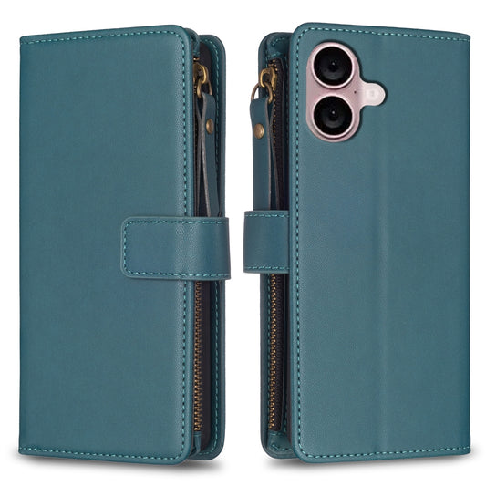 iPhone 16 Leather Flip Phone Case with Zipper Wallet and 9 Card Slots, Durable PU + TPU Material