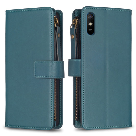 Xiaomi Redmi 9A Leather Flip Phone Case with Zipper Wallet and 9 Card Slots, Durable PU + TPU Material