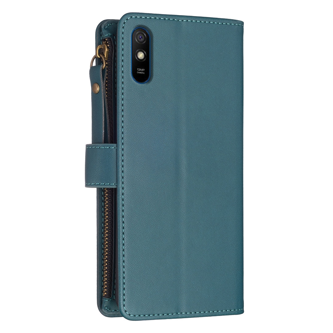 Xiaomi Redmi 9A Leather Flip Phone Case with Zipper Wallet and 9 Card Slots, Durable PU + TPU Material