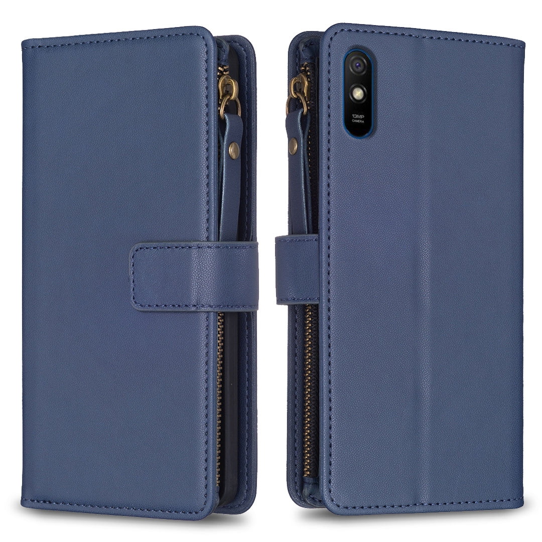 Xiaomi Redmi 9A Leather Flip Phone Case with Zipper Wallet and 9 Card Slots, Durable PU + TPU Material