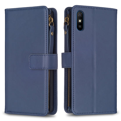 Xiaomi Redmi 9A Leather Flip Phone Case with Zipper Wallet and 9 Card Slots, Durable PU + TPU Material